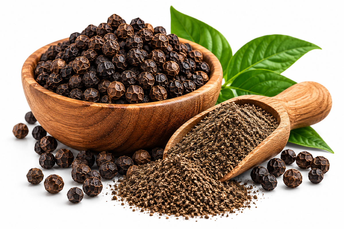 Black Pepper Extract is derived from Piper nigrum and contains piperine, a naturally occurring compound commonly used in dietary supplements to support the absorption and bioavailability of certain nutrients and plant-based ingredients.