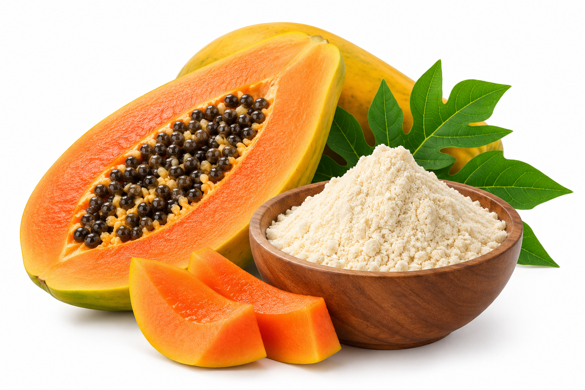 Papain is a natural proteolytic enzyme derived from papaya (Carica papaya). It helps break down proteins into smaller peptides and amino acids, supporting protein digestion. Papain is commonly used in dietary supplements and digestive enzyme formulations.