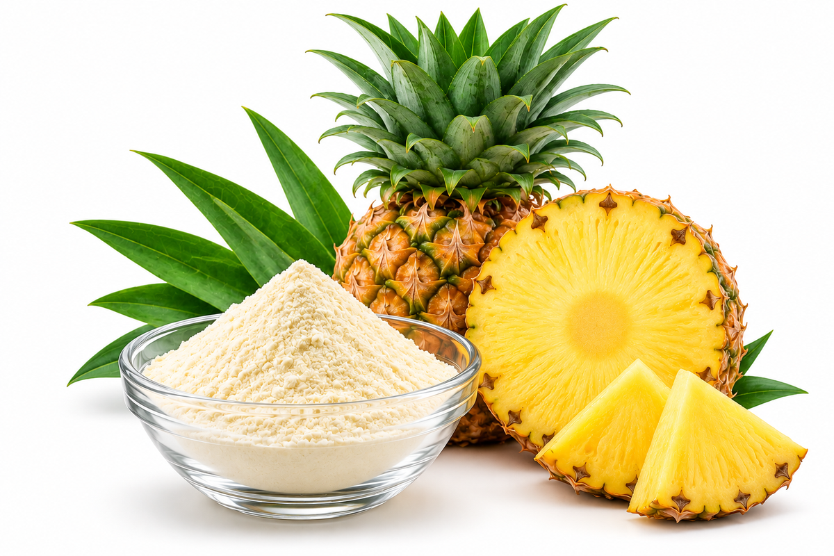 Bromelain is a natural enzyme extracted from pineapple, particularly its stem. It helps break down proteins into smaller peptides and amino acids, making it useful in digestive enzyme formulations. Bromelain is commonly used in dietary supplements to support protein digestion and is also studied for its potential anti-inflammatory properties.